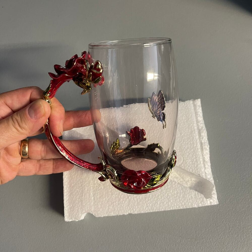 Glass Floral Butterfly Handmade Enamel Teacup Mug & Spoon Set BRAND NEW